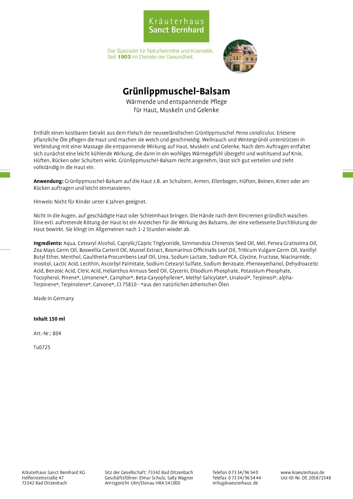 Sanct Bernhard Grünlippmuschel Balsam