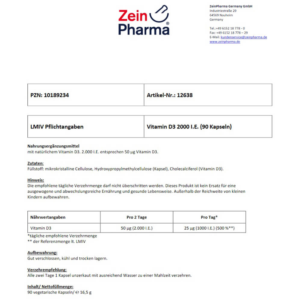 ZeinPharma Vitamin D3 2000 I.E